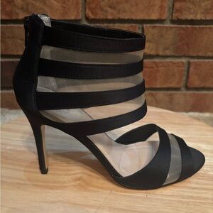 I. MILLER BLACK SATIN STRAPPY MESH ANKLE OPEN TOE STILETTO HEELS SIZE 8.5